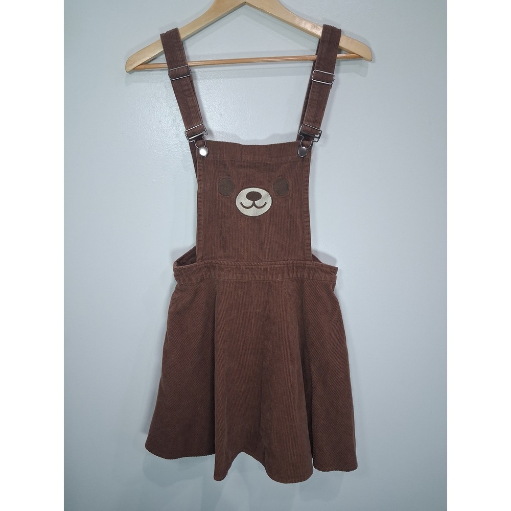 Hot Topic Brown Corduroy Bear Face Overall Pinafore Dress Womens Small RN120684